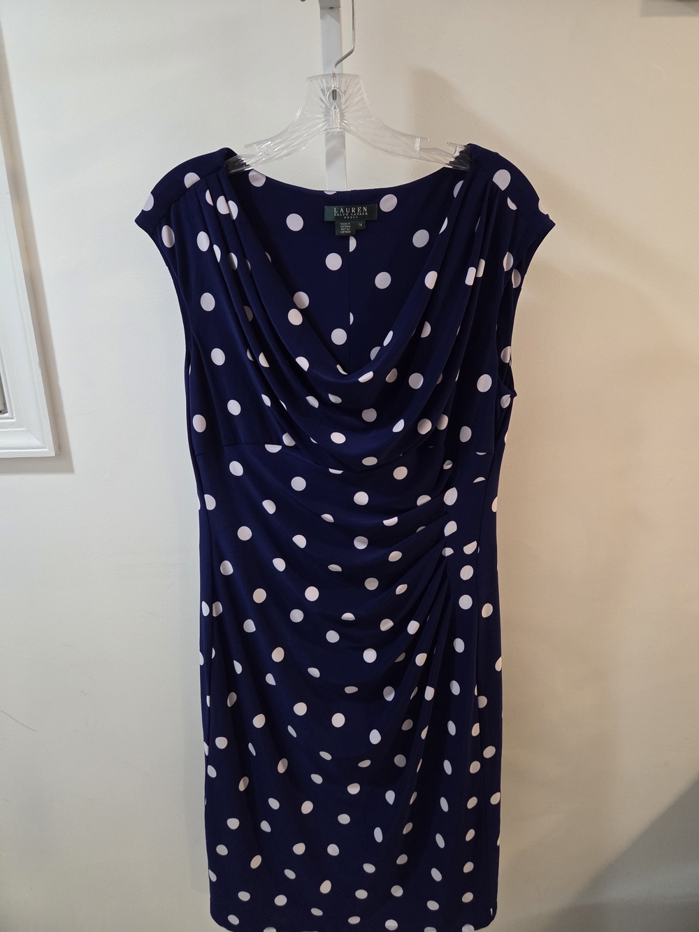 Ralph Lauren Navy and White Polka Dot Cowl Neck Dress